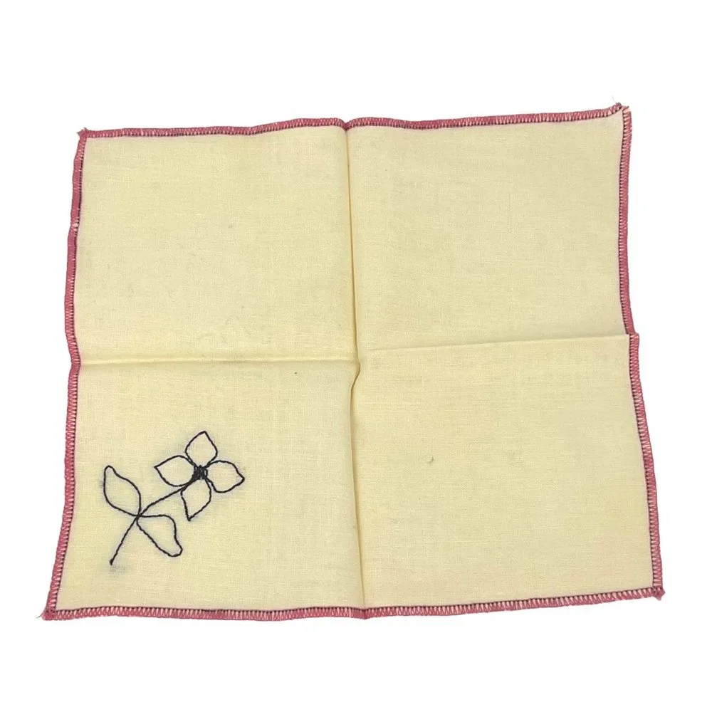 Vintage Set of 4 Linen Cocktail Luncheon Napkins Pink Flower Embroidered
